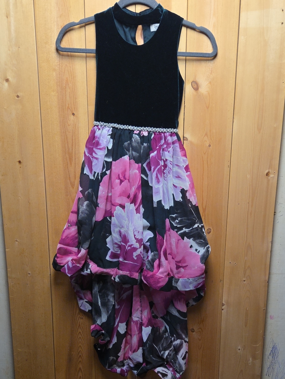 Speechless Black Velvet with Pink Floral High-Low Skirt Dress